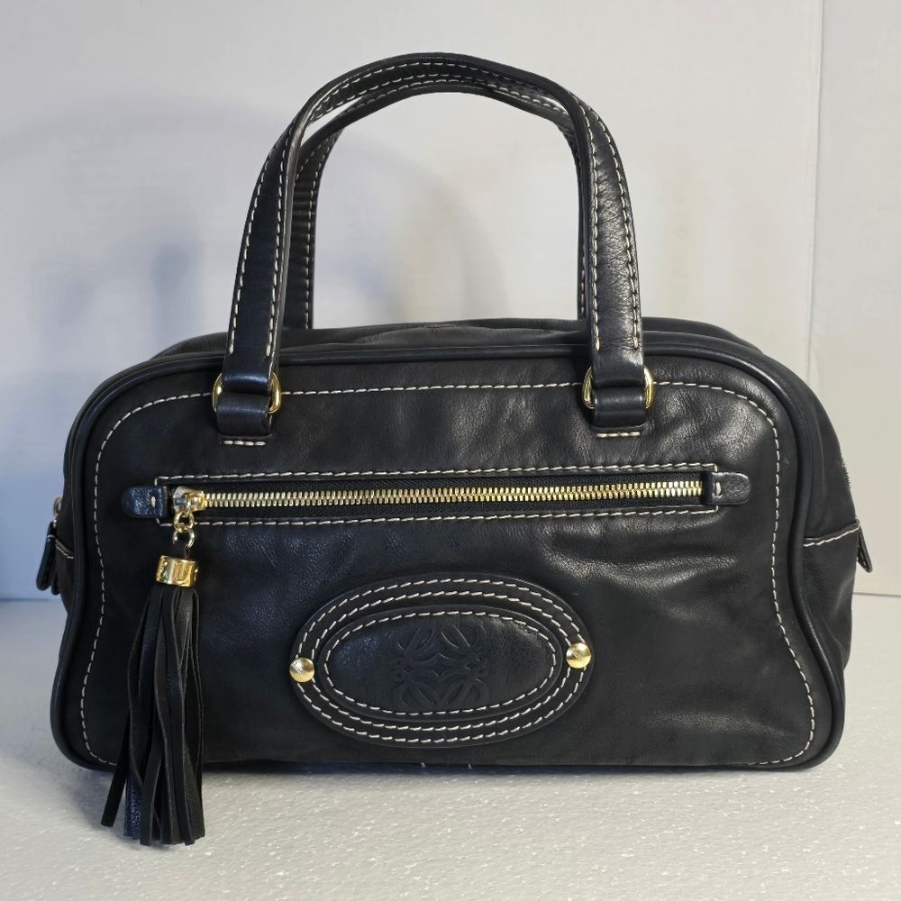 Loewe Black Leather Madrid Boston Anagram Bowling Tassel Double Handle Handbag